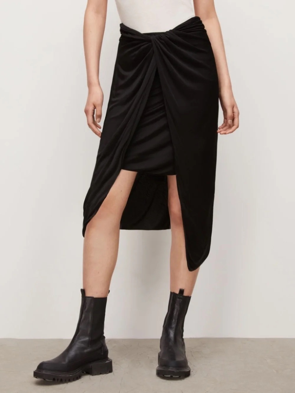 All Saints Black Draped High-Low Midi Skirt